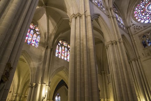 Interior of Toledo Cathedral. Arcs, organ, columns and gothic art. Spain