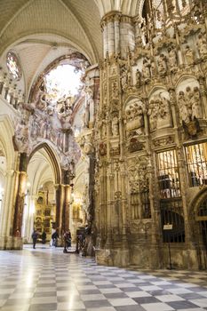 Interior of Toledo Cathedral. Arcs, organ, columns and gothic art. Spain