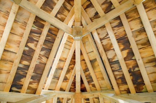 sunlight creeping through wood roof supports into an attic interior