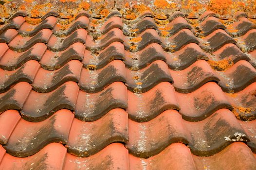 background of interlocking red clay roofing tiles