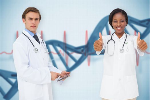 Composite image of medical team against blue medical background with dna and ecg
