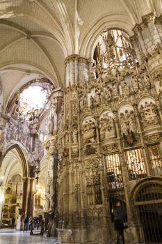 Interior of Toledo Cathedral. Arcs, organ, columns and gothic art. Spain