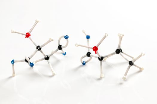 Structure of valine and aspartic amino acid molecules represented with molecular model building kit