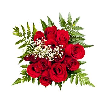 Bouquet of a dozen red roses from above on white background