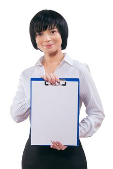 asian businesswoman showing clipboard with blanc white sheet isolated