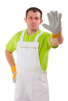 young man wearing working clothes isolated on white background