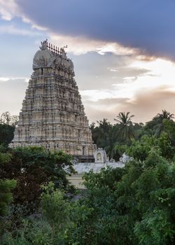 Evening storm gathers over Vellore fort and the Gopuram of Shiva temple in Tamil Nadu, India.