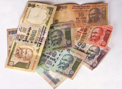 This collection of rupee notes consists of seven different notes, each with a different value and all with an image of Mahatma Gandhi. As seen in 2013.