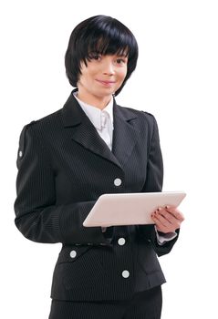 asian businesswoman holding laptop and looking at camera