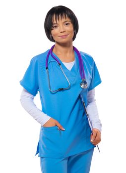 beautiful asian female doctor holding clipboard in hand isolated