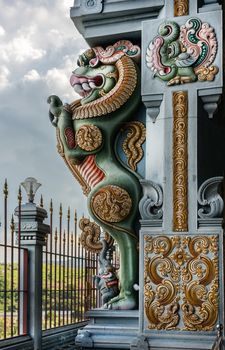 Lion-monster statue on Column of the Gopuram at Rathinagiri Hill Temple, in Vellore, Tamil Nadu, India.