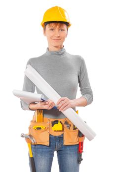 portrait of female wearing working clothes with tools holding blueprint and clipboard isolated