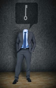 Composite image of headless businessman with key in speech bubble in grey room