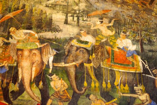 the old wall painting at burmese style temple,Lampang temple,Thailand