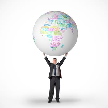 Composite image of mature businessman holding globe against white background with vignette