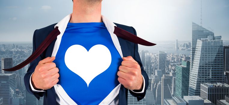 Composite image of businessman opening his shirt superhero style against cityscape