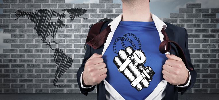 Businessman opening his shirt superhero style against world map doodle against wall