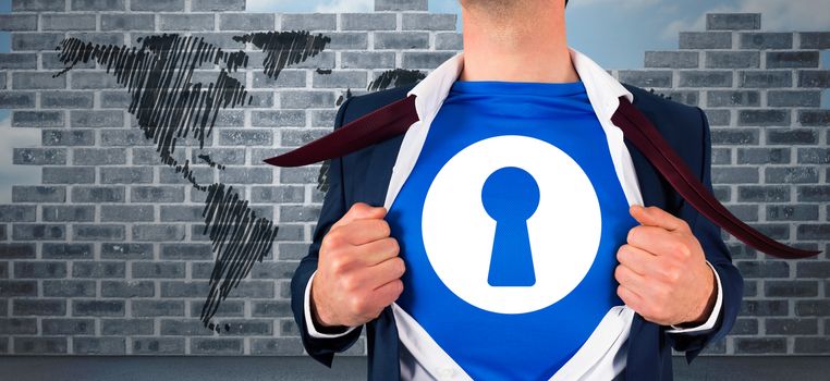 Businessman opening his shirt superhero style against world map doodle against wall