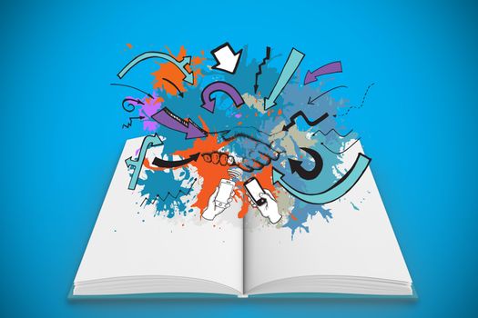 Communication concept on paint splashes on open book against blue background with vignette
