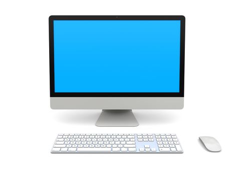 Modern desktop computer with blue screen isolated on white background