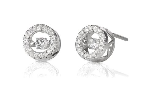 Diamond Halo floating stud earrings isolated on a white background with reflection