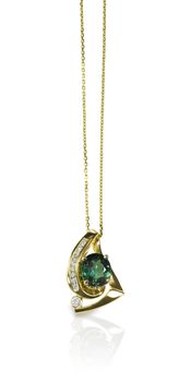 Green Emerald and Diamond Pendant Necklace isolated on white with a reflection
