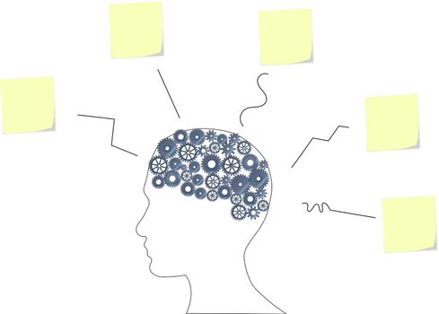 Illustration of a brain with many ideas on paper notes