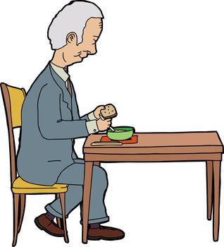 Elderly businessman sitting at table with food