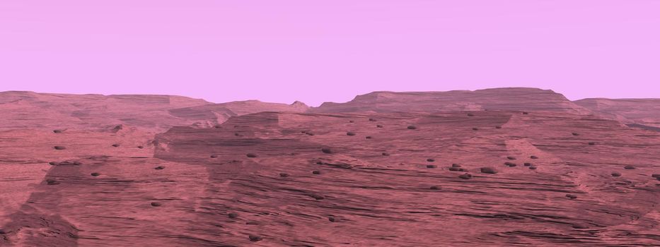 Mars surface landscape with link dusty sky and rocks