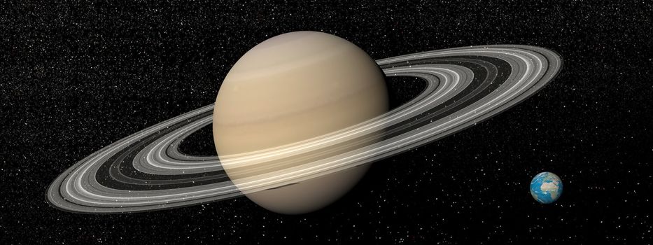 Big saturn and its rings next to small earth in dark starry background - Elements of this image furnished by NASA