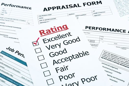 closeup red excellent check mark on rating form, evaluation and assessment concept for human resource and business