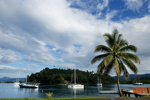 Sailboats at Savusavu harbor, Vanua Levu island, Fiji, South Pacific