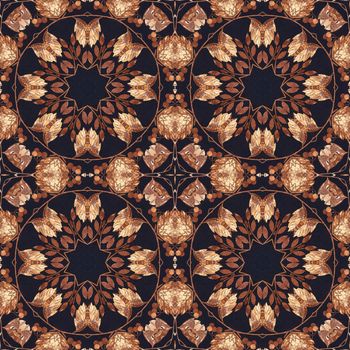 Abstract artistic background, seamless handmade floral ornament, intarsia from the back side of a birch bark on black fabric
