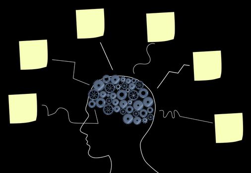 Illustration of a brain with many ideas on paper notes on a black background