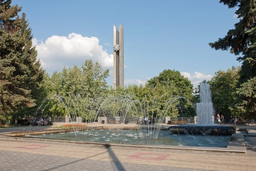 Fountain in front of the Victory square and the obelisk on Victory square in Voronezh