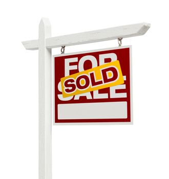 Right Facing Sold For Sale Real Estate Sign with Clipping Path Isolated on White.