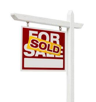 Left Facing Sold For Sale Real Estate Sign with Clipping Path Isolated on White.