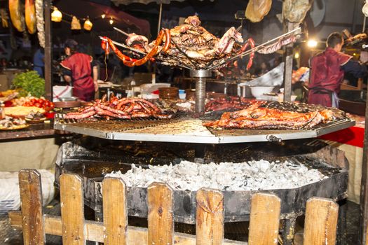 barbecue with sausages and lamb in a medieval fair, Spain