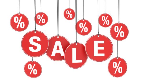 Sale, discount and promotion shopping concept with sale sign and percentage on red hanged tags isolated on white background.