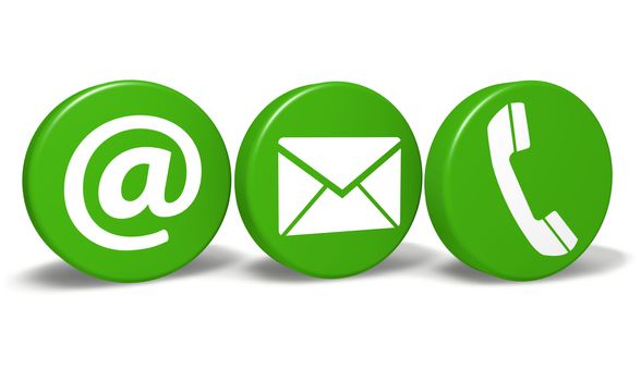 Website and Internet contact us concept with email, at and telephone icons and symbol on three green round buttons isolated on white background.