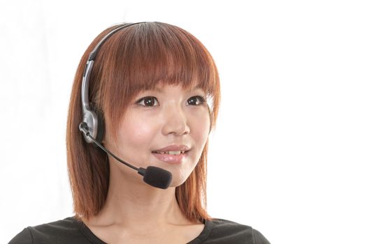 Asian female wearing a headset microphone
