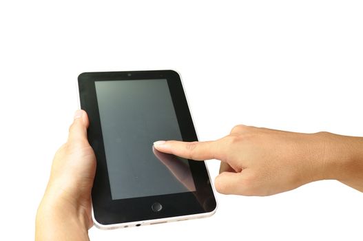 Female Hand holding and point or touch Tablet computer gadget isolated on white background with clipping path