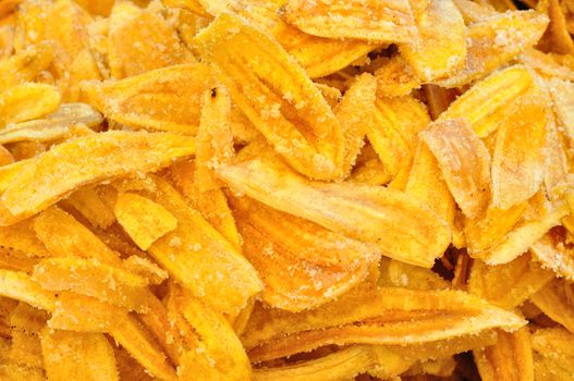 Fried thinly sliced banana chips, a tropical snack 