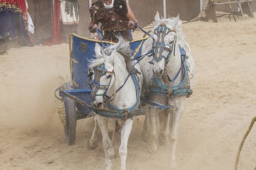 Combat, Roman chariot in a fight of gladiators, bloody circus