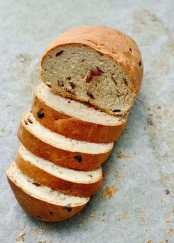 Homemade raisin bread in tray