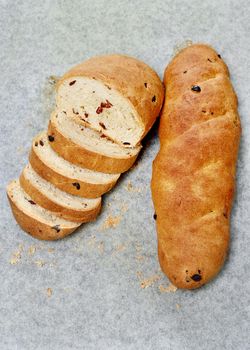 Homemade raisin bread in tray