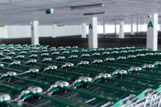 Rows of shopping carts in abandoned car park near entrance of closed supermarket due to public holiday