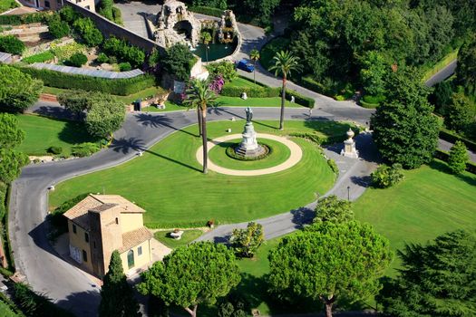 Aerial view of Vatican Gardens from St Peter Basilica, Rome, Italy