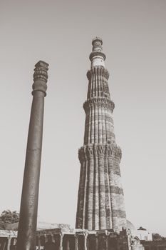 qutub minar with iron pillar, vintage