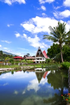 Batak Style Houses and Lake Toba. Samosir Island North Sumatra, Indonesia.